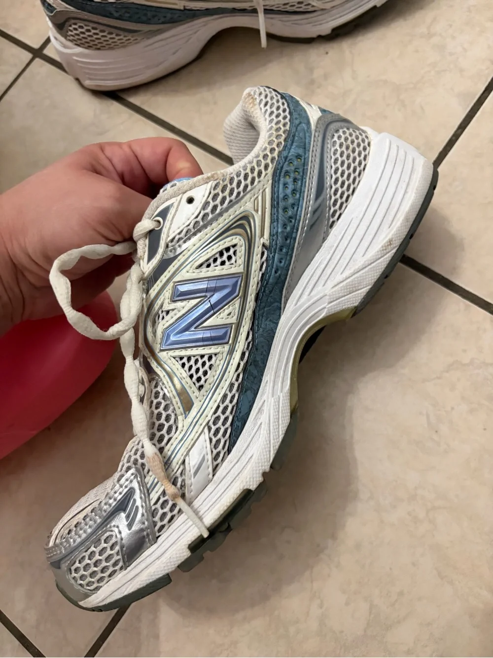 New Balance White and Light Blue Athletic Sneakers
